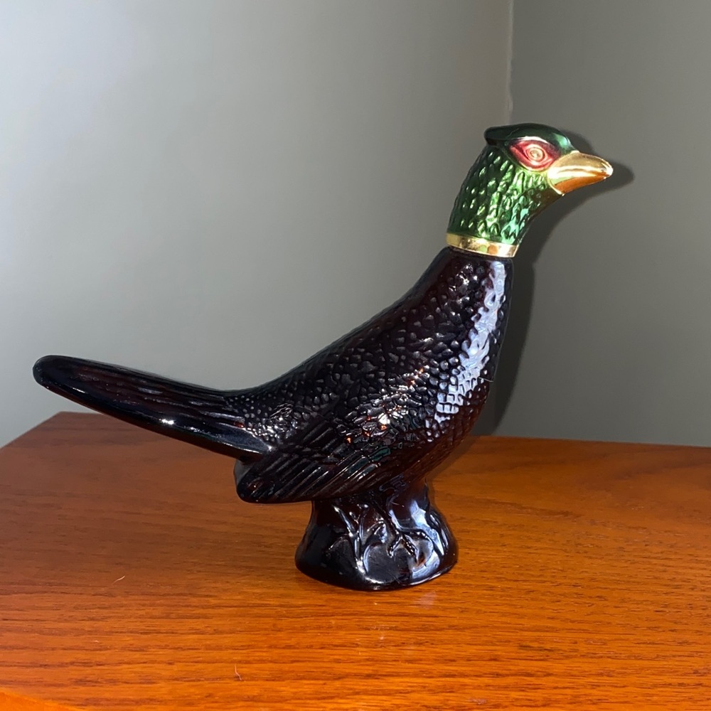 Avon ( Leather )Pheasant Glass  Decanter with Green and Gold Accents - Vintage